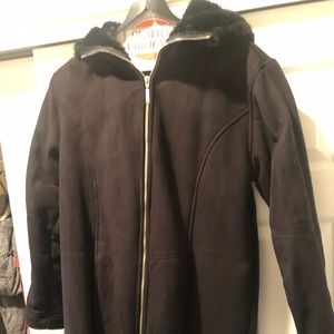 Hooded faux fur and shearling trench coat